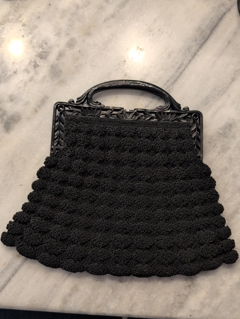 Vintage Black Crocheted Evening Clutch with Carved Handle